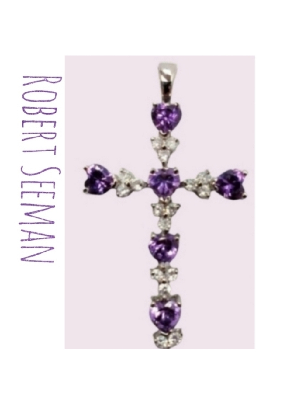 Purple Heart Sparkling CZ Cross Robert Seemann 925 Silver Pendant VTG